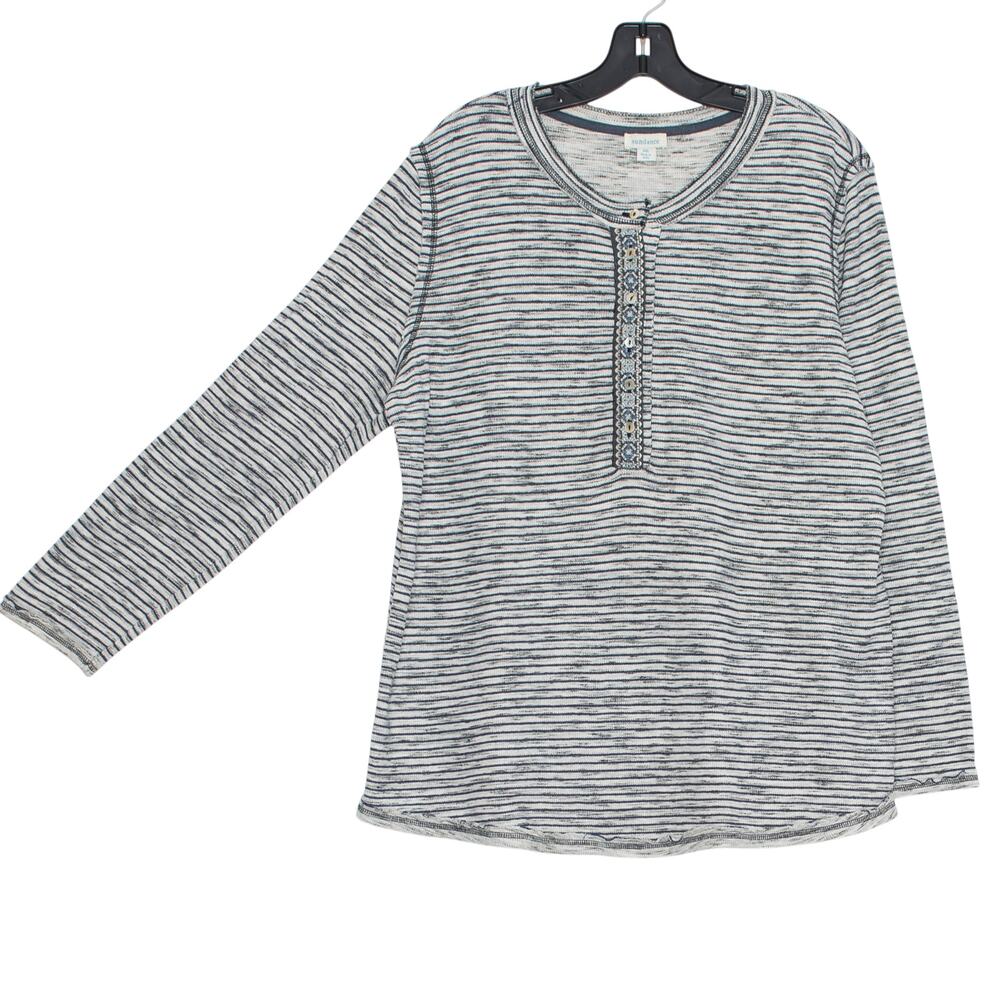 Sundance Henley Top Stripe Gray Blue Thermal Boho Folk Cottagecore Plus Size XXL - Picture 5 of 6